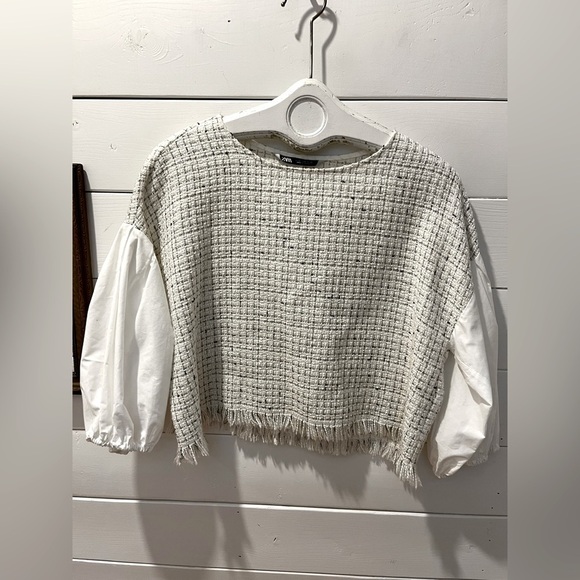 ZARA Bouclé Crop Top with 3/4 Balloon Sleeves – Size M - Picture 1 of 8